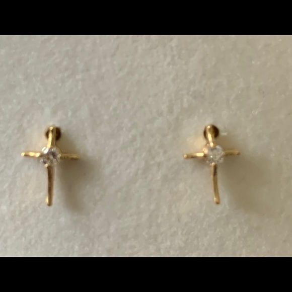 14 KT Gold stud petite cross earrings with ZC NIB - Picture 2 of 5